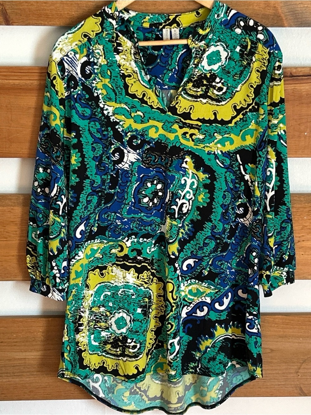 Madison V-Neck Geometric Bold Colored 3/4 Cuff Sleeve Boho Preppy Tunic Size 1X